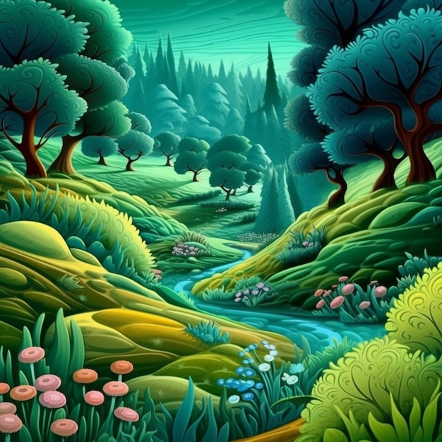 Uma pintura colorida de um rio em uma floresta.