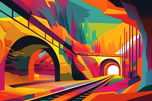 Uma pintura colorida de um trilho de trem com um túnel ao fundo.