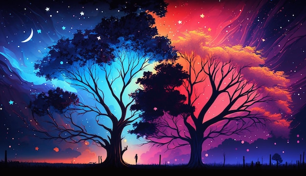 Uma pintura colorida de uma árvore com um homem em pé na frente dela.
