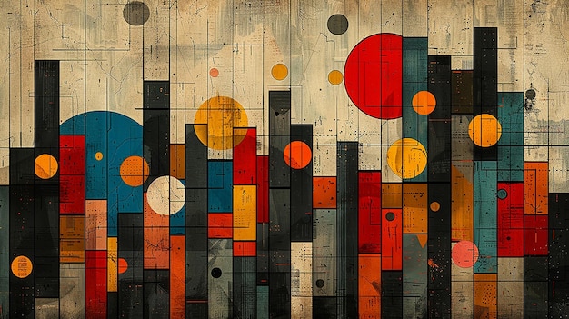 uma pintura colorida de uma cidade com muitos círculos nela