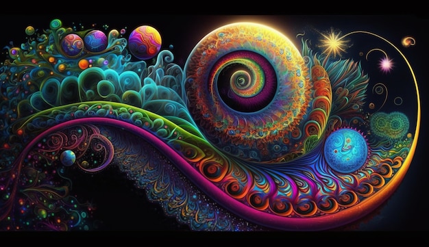 Uma pintura colorida de uma espiral com as palavras 'arco-íris'