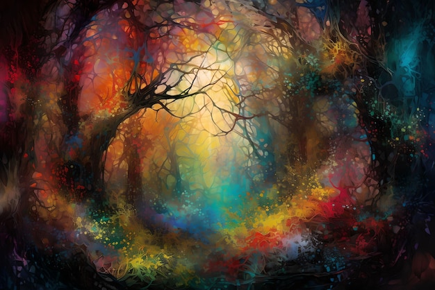Uma pintura colorida de uma floresta com árvores no meio