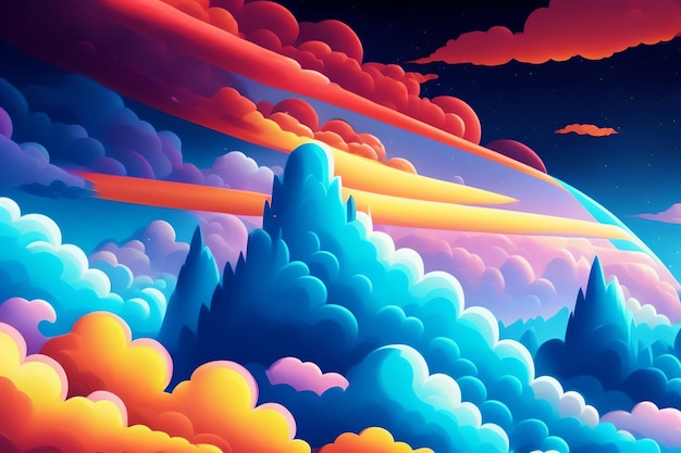 Uma pintura colorida de uma montanha e nuvens com as palavras o céu é azul