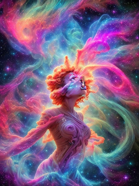 Foto uma pintura colorida de uma mulher com cabeça e braços cor-de-rosa e as palavras 'o universo' nela