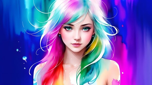 uma pintura colorida de uma mulher com cabelo arco-íris