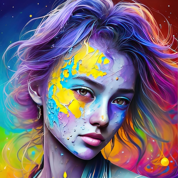 Uma pintura colorida de uma mulher com o rosto pintado com cores e a palavra "arco-íris" nele.