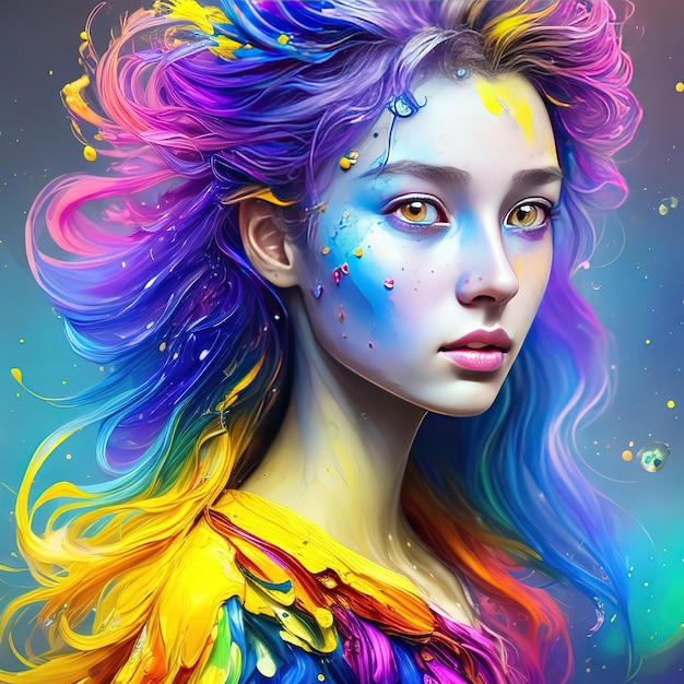 Uma pintura colorida de uma mulher com um cabelo de arco-íris e um rosto colorido de arco-íris.