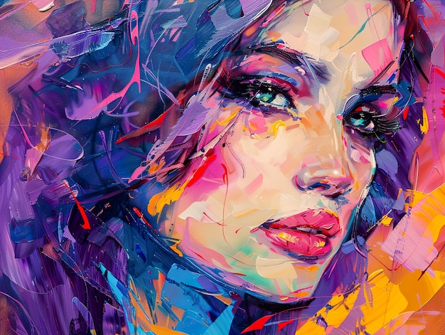 uma pintura colorida de uma mulher com um fundo colorido