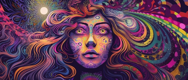 Uma pintura colorida de uma mulher com um rosto de arco-íris.