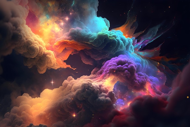 Uma pintura colorida de uma nebulosa com nuvens e fumaça