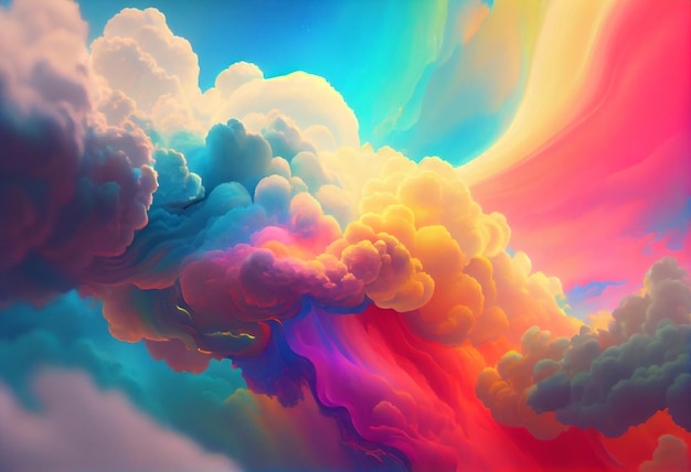 Uma pintura colorida de uma nuvem com um fundo de arco-íris.