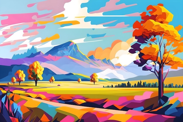 Uma pintura colorida de uma paisagem com montanhas e árvores.