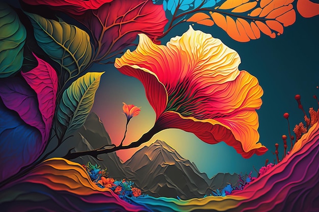 Uma pintura colorida de uma paisagem montanhosa com uma flor.