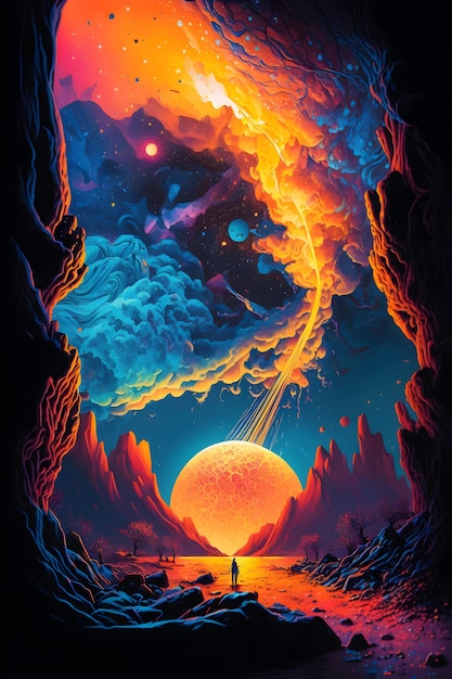 Uma pintura colorida de uma pessoa olhando para um planeta com uma nebulosa ao fundo.