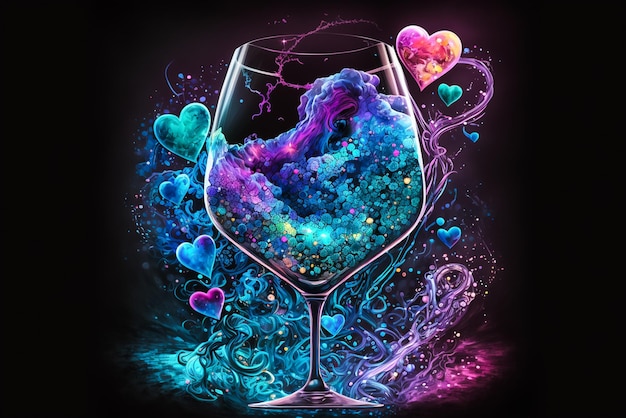 Uma pintura colorida de uma taça de vinho com um líquido dentro dela.