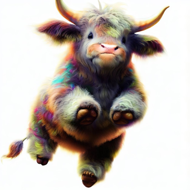 Uma pintura colorida de uma vaca com chifres e chifres.