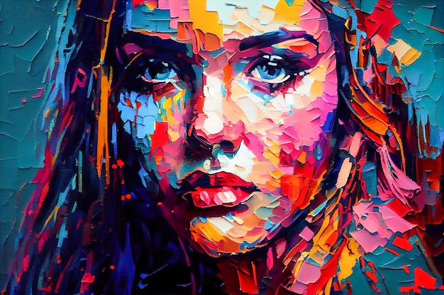 Uma pintura colorida do rosto de uma mulher com a palavra amor.