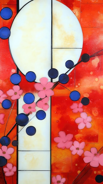 Uma pintura com flores rosa e azuis e uma flor branca