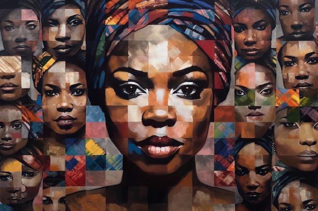 Uma pintura com muitas mulheres negras no estilo de realismo inspirado em mosaico IA gerativa