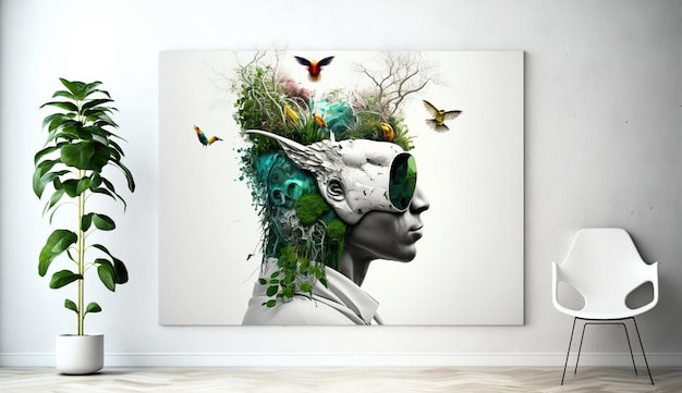 Uma pintura da cabeça de uma mulher com uma árvore e pássaros nela