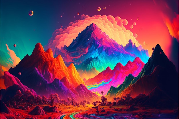 Uma pintura da cena da montanha com o céu colorido do arco-íris generativo ai