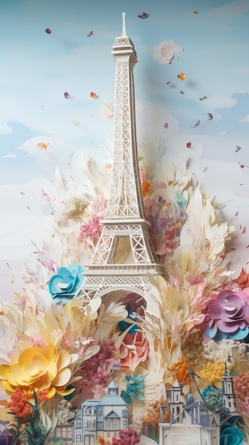 Uma pintura da torre eiffel com flores e um céu azul.