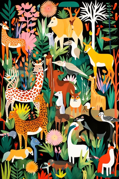 uma pintura de animais e plantas com a palavra selvagem