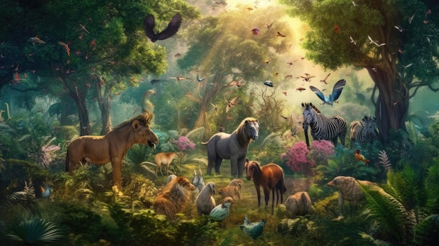 Uma pintura de animais em uma floresta com pássaros e pássaros.