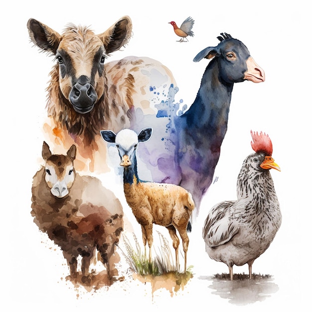 Uma pintura de animais, incluindo uma cabra, uma cabra, uma cabra, uma galinha, uma galinha, uma galinha e um pássaro.