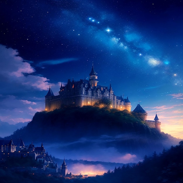 Uma pintura de anime sonhadora de um céu noturno estrelado com um castelo à distância Aigenerated