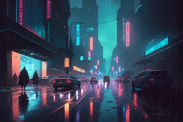 Uma pintura de arte digital de uma ilustração de arte digital de cena de rua cyberpunk