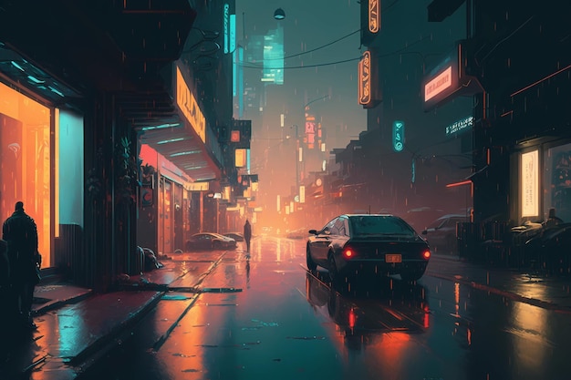 Uma pintura de arte digital de uma ilustração de arte digital de rua chuvosa cyberpunk