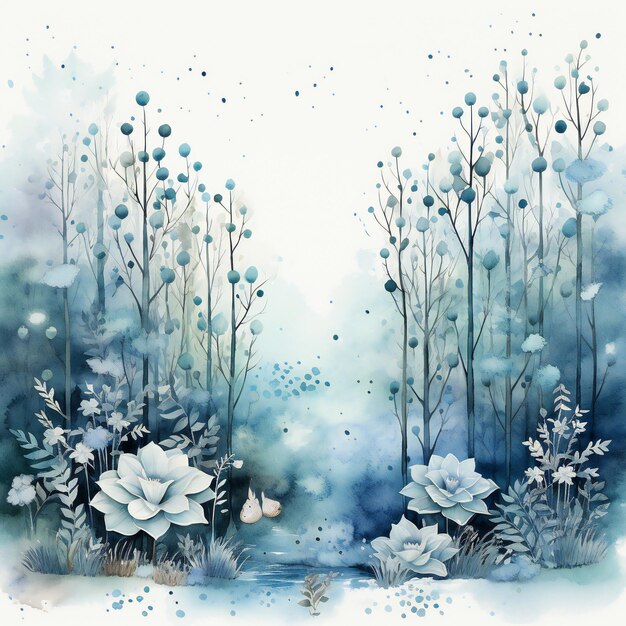 uma pintura de árvores e flores na neve.