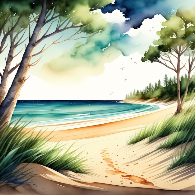 Foto uma pintura de árvores e uma praia com uma praia ao fundo.