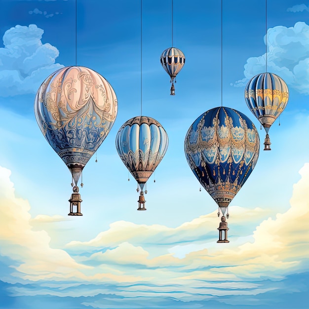 uma pintura de balões de ar quente com as palavras ar quente na parte inferior