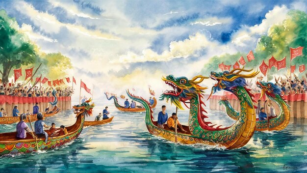 Foto uma pintura de barcos com o dragão na frente e o dragon na frente