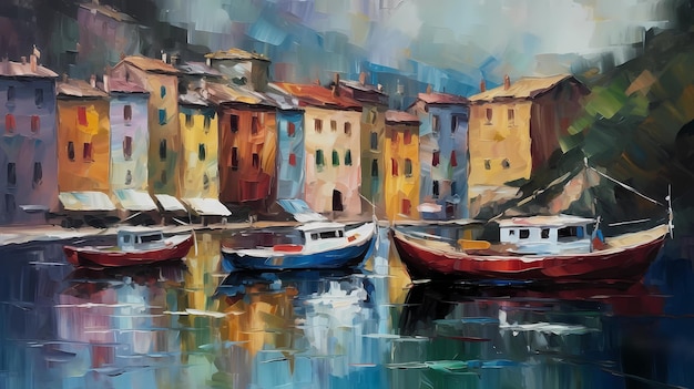 Foto uma pintura de barcos em um porto com uma cidade ao fundo.