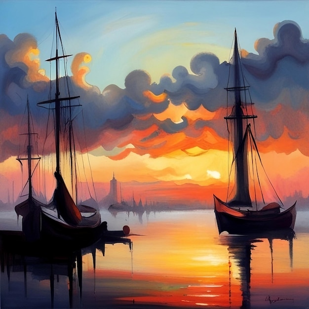 Uma pintura de barcos na água com o pôr do sol ao fundo.