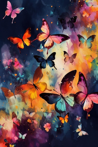 Foto uma pintura de borboletas com um fundo azul.