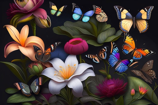Uma pintura de borboletas e flores com fundo preto.