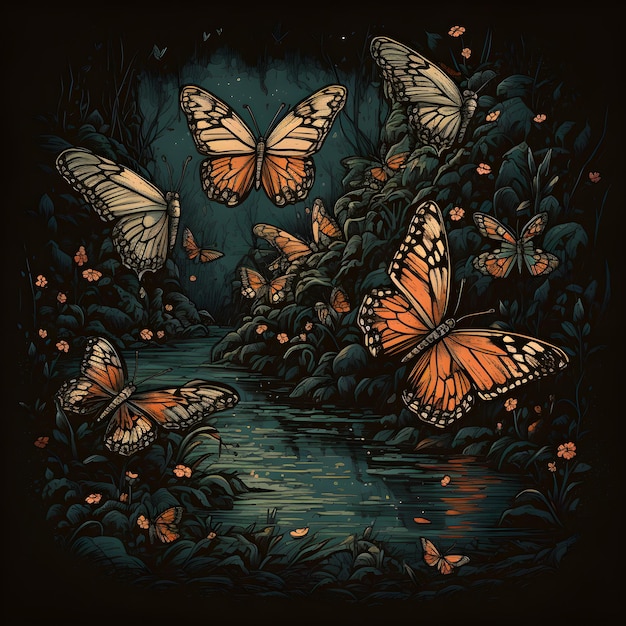 Uma pintura de borboletas voando sobre um riacho.