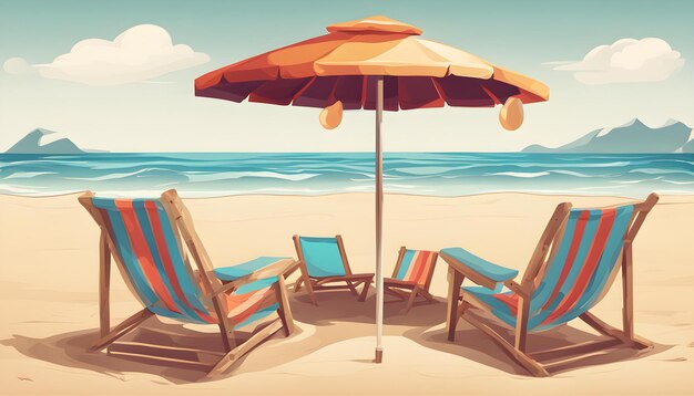uma pintura de cadeiras de praia e um guarda-chuva que diz a praia