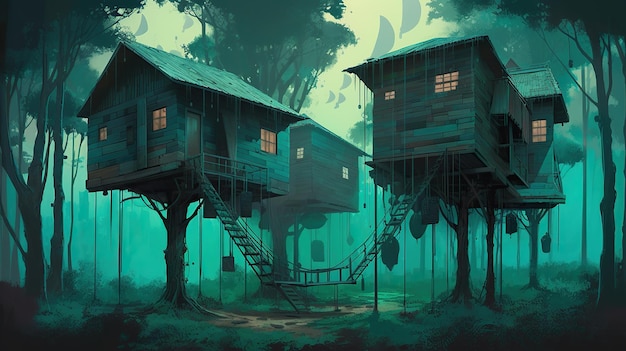 Uma pintura de casas em uma floresta