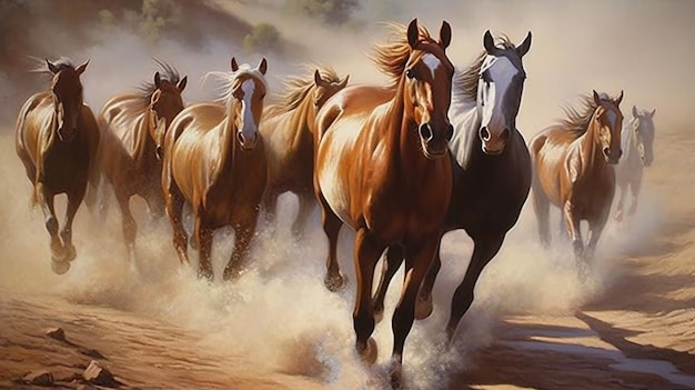 Uma pintura de cavalos correndo no desertogenerative ai