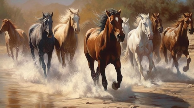 Uma pintura de cavalos correndo no desertogenerative ai