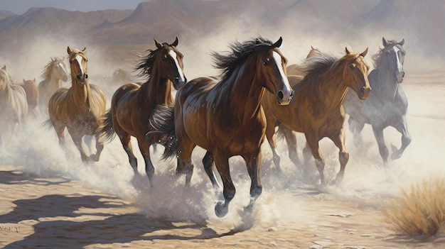 Uma pintura de cavalos correndo no desertogenerative ai