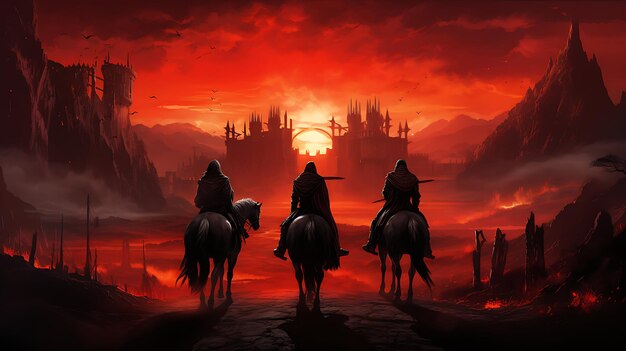 Foto uma pintura de cavalos e um pôr-do-sol com um castelo ao fundo