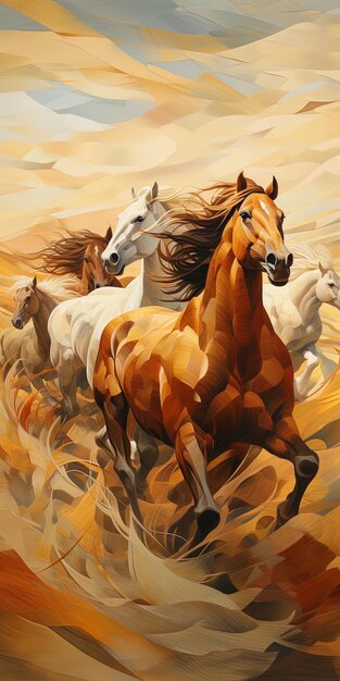 uma pintura de cavalos na natureza com as palavras selvagem na parte inferior