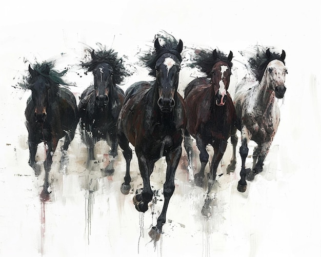 Uma pintura de cavalos selvagens em cores ricas correndo no estilo de Jeremy Mann