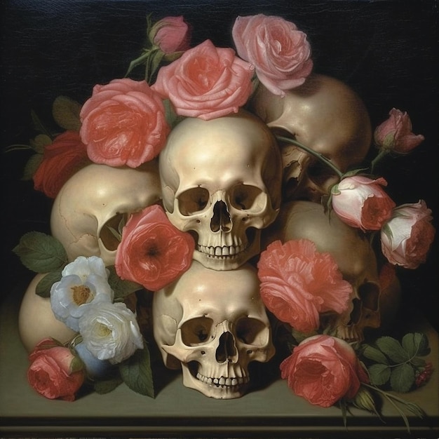 Foto uma pintura de caveiras e rosas com uma delas com uma flor rosa e branca.